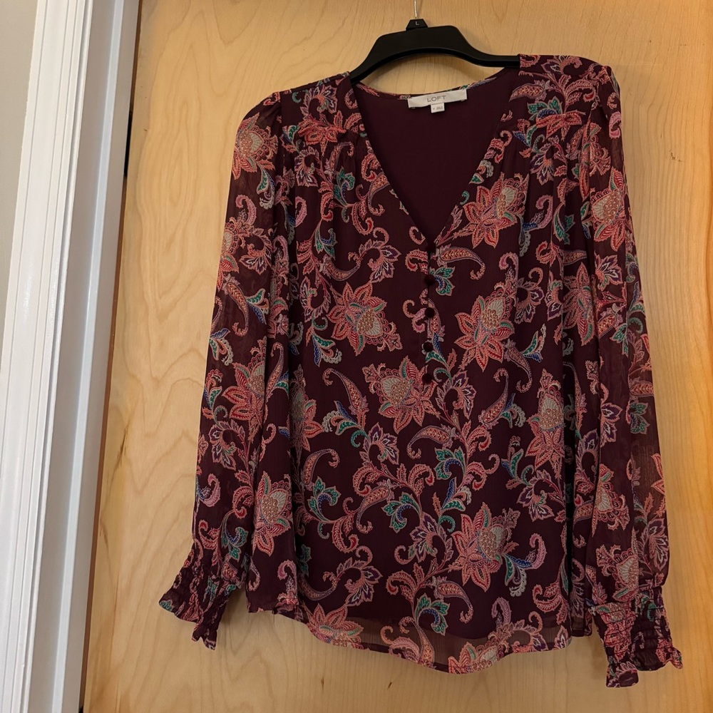 Floral V-Neck Blouse - Burgundy